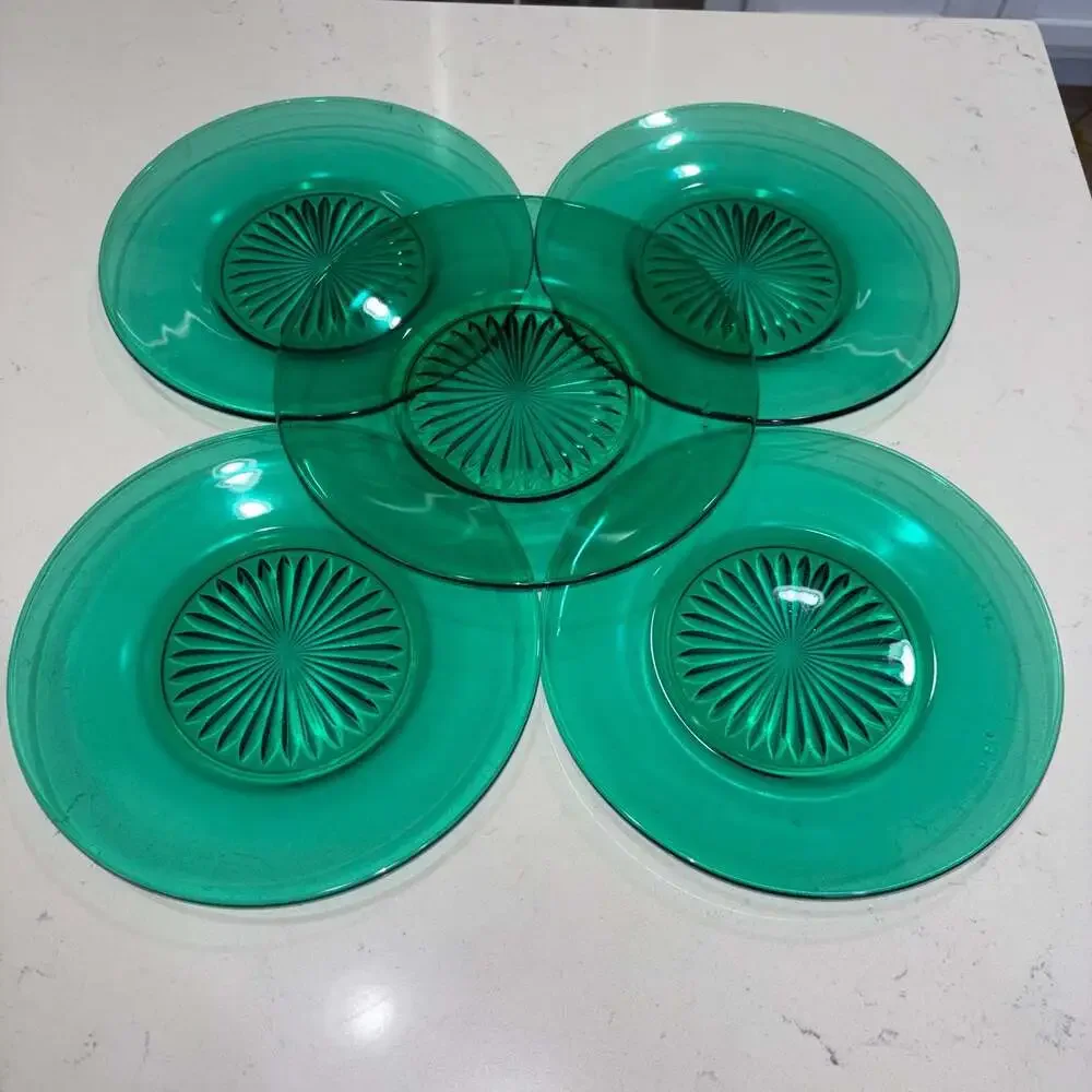Vintage Emerald Green Pressed Glass Starburst Center Salad Plates Set of 5